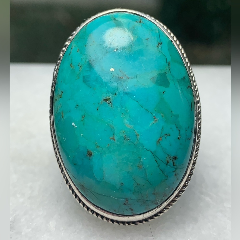 Sterling Silver Turquoise Statement Ring Southwestern Navajo Style 925 size 7.5